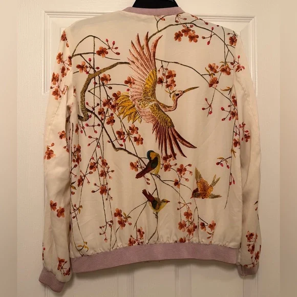 TRF Outerwear Cherry Blossom Cranes Satin Bomber Jacket Size Small - Picture 2 of 5